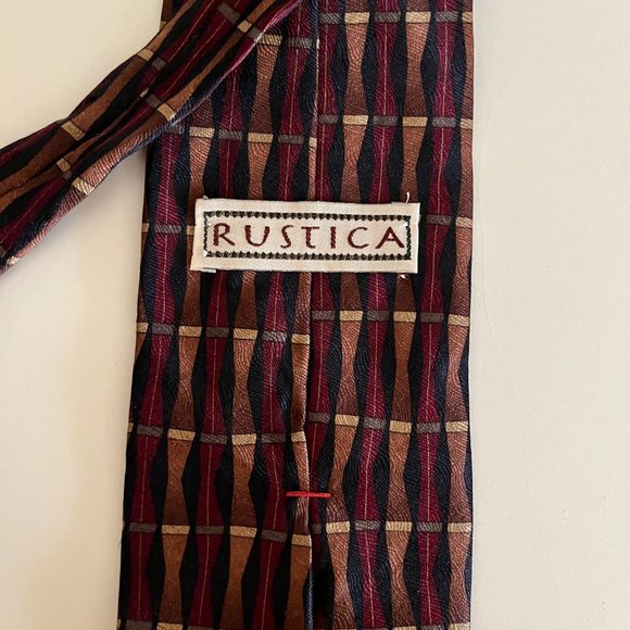 Vintage Rustica Red Brown Abstract Silk Tie fall autumn stripes preppy office - Picture 5 of 8